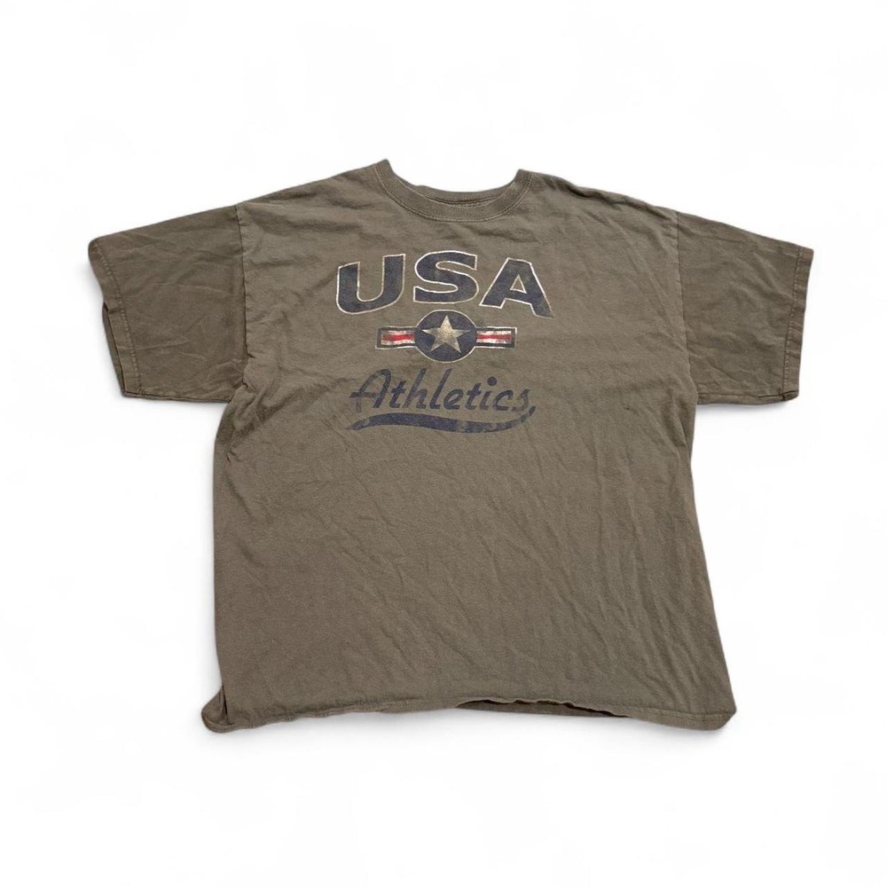 Vintage USA Athletics Graphic T-Shirt Olive Green Gildan Heavy Cotton XL